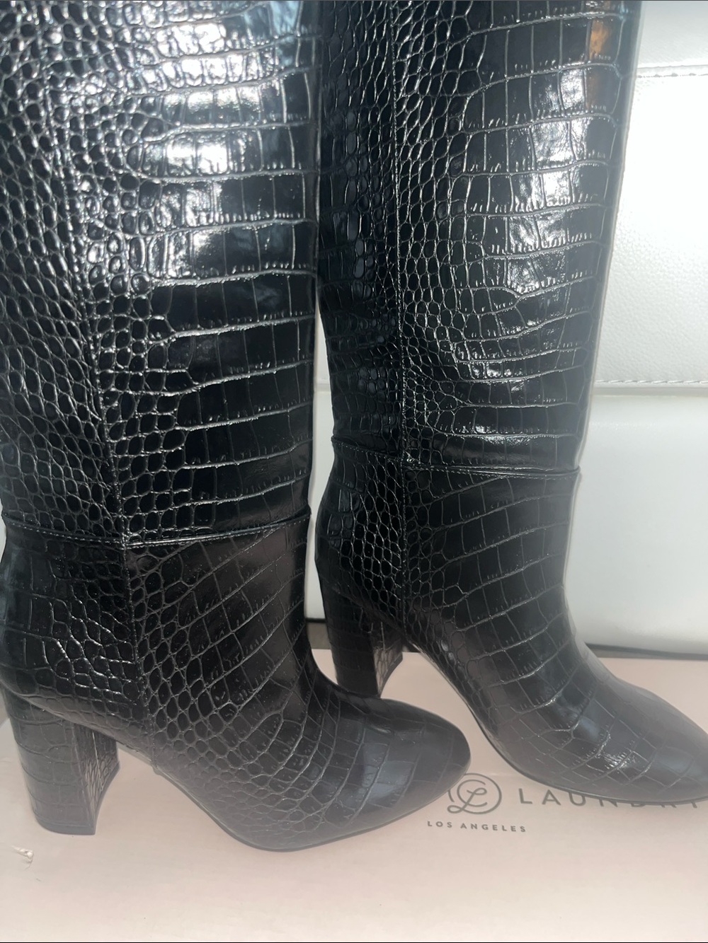 Chinese Laundry Black Croc-Embossed Knee-High Block Heel Boots - Picture 3 of 6